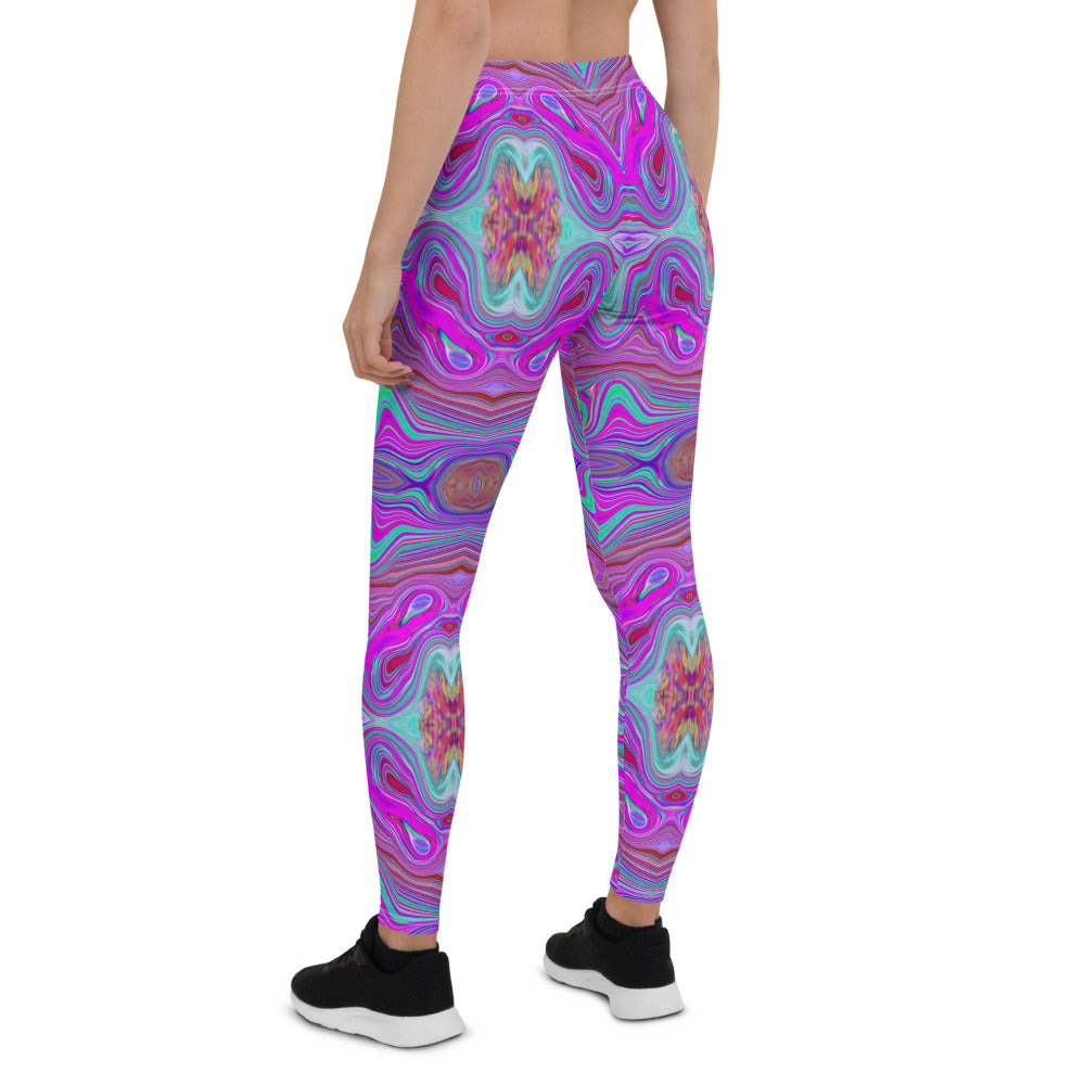 Leggings for Women, Wavy Magenta and Blue Trippy Marbled Pattern