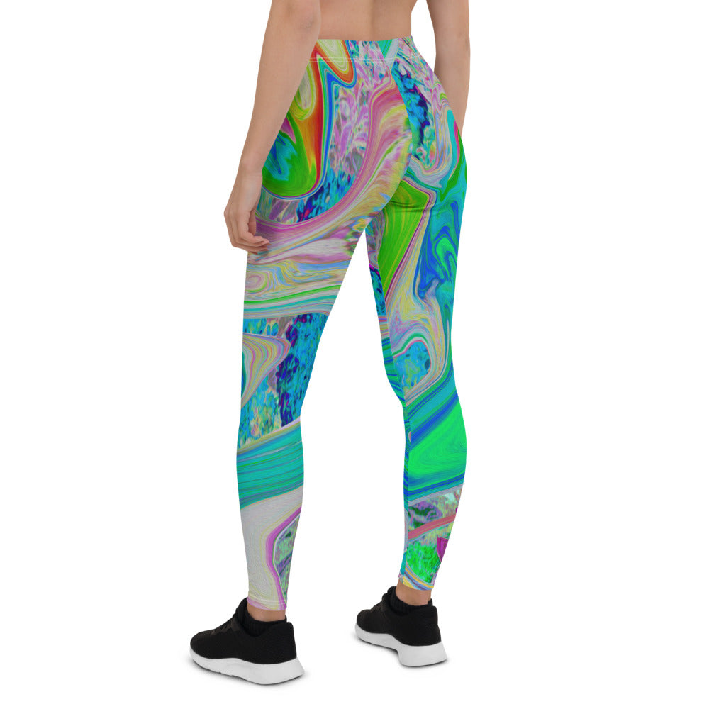 Leggings for Women, Colorful Marbled Lime Green Abstract Retro Liquid Art