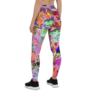 Leggings for Women, Psychedelic Hot Pink and Lime Green Garden Flowers