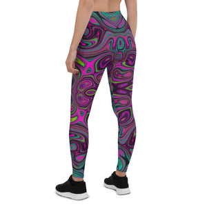 Leggings for Women, Abstract Magenta and Teal Blue Groovy Retro Pattern