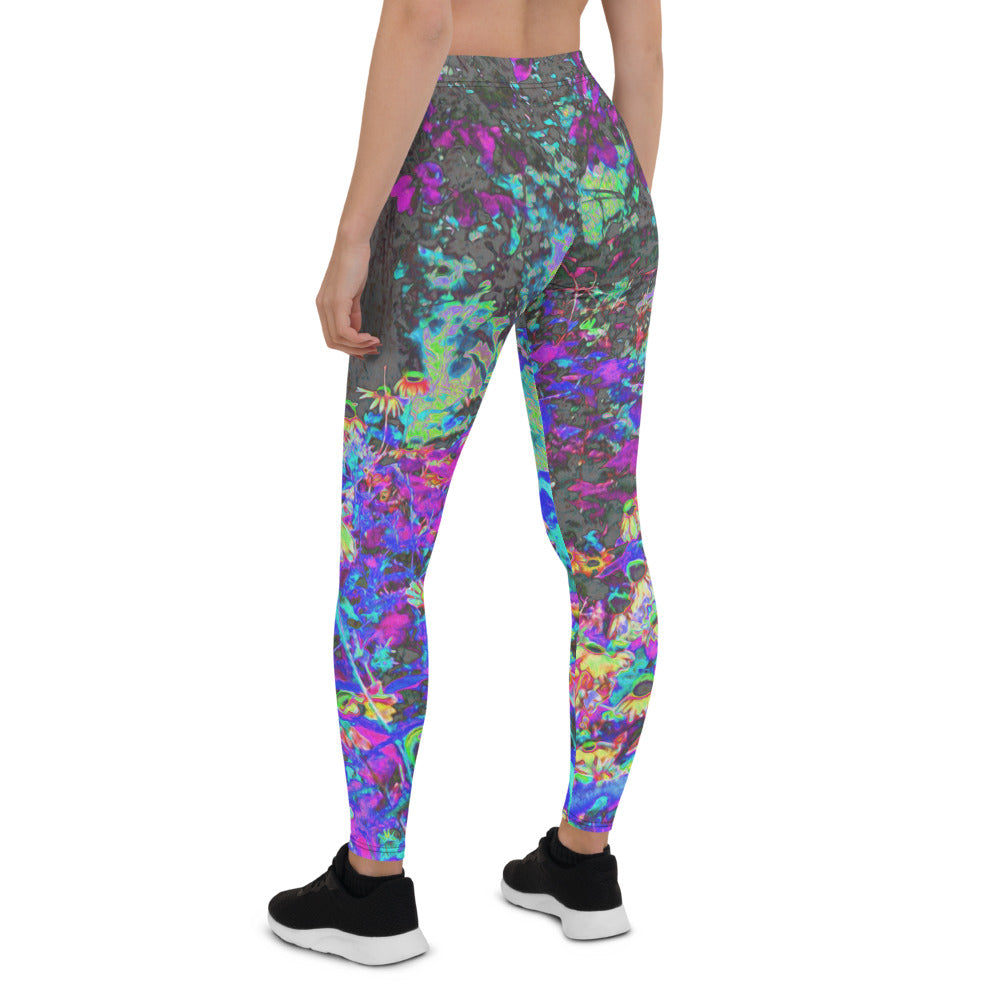 Leggings for Women, Trippy Lime Green and Purple Garden Sunrise