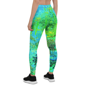 Leggings for Women, Trippy Lime Green and Blue Impressionistic Landscape