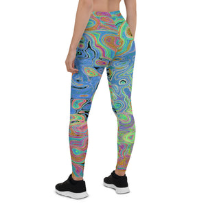 Leggings for Women, Watercolor Blue Groovy Abstract Retro Liquid Swirl