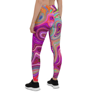 Leggings for Women, Trippy Abstract Cool Magenta Rainbow Colors Retro Art