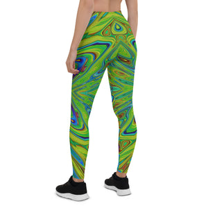 Leggings for Women, Trippy Chartreuse and Blue Abstract Butterfly