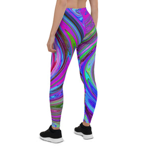 Leggings for Women, Colorful Magenta Swirl Retro Abstract Design