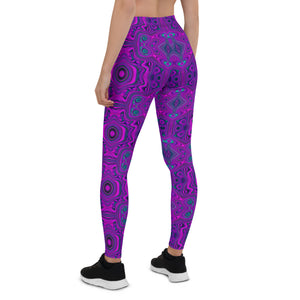 Leggings for Women, Trippy Retro Magenta and Black Abstract Pattern