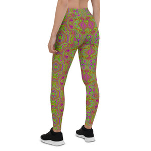 Leggings for Women, Trippy Retro Chartreuse Magenta Abstract Pattern
