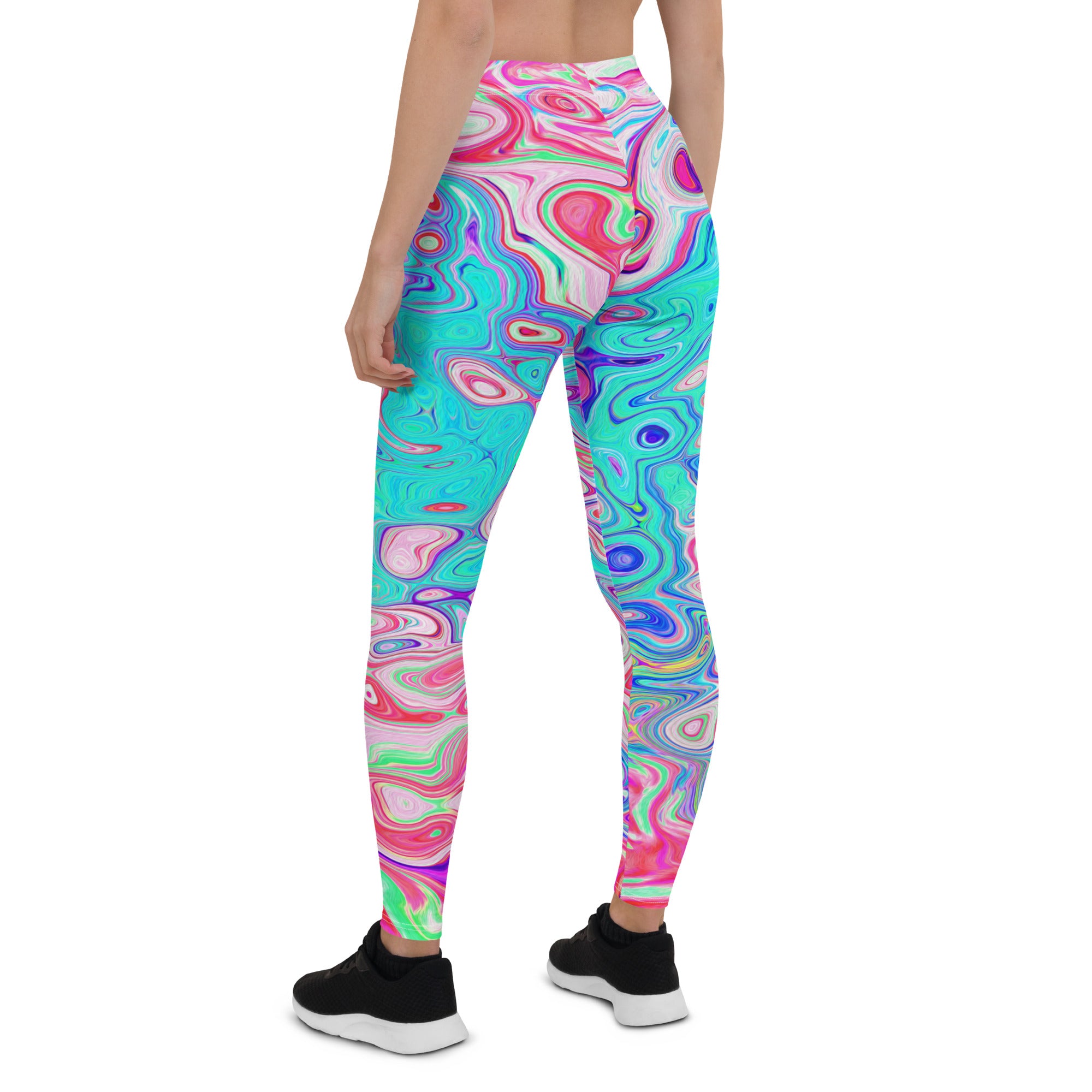 Leggings for Women - Groovy Aqua Blue and Pink Abstract Retro Swirl