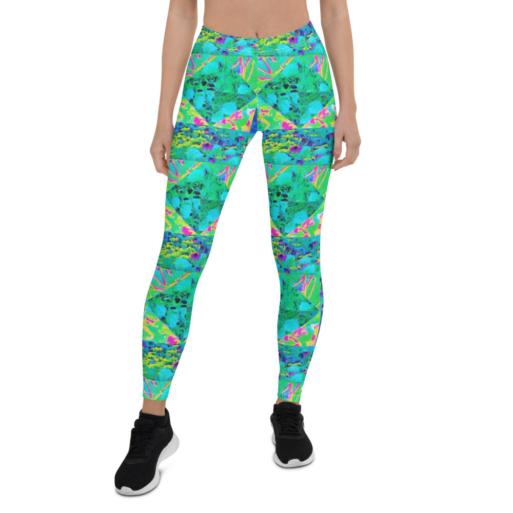 Leggings for Women, Garden Quilt Painting with Hydrangea and Blues