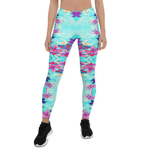 Leggings for Women, Cute Girly Purple Flower Pattern on Aqua Blue