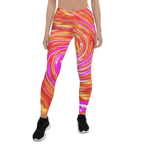Colorful Leggings for Women, Abstract Retro Magenta and Autumn Colors Floral Swirl