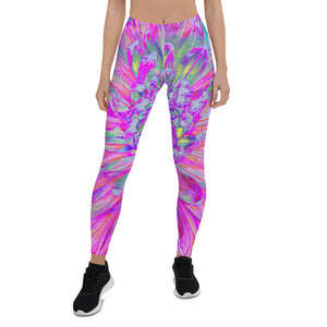 Colorful Floral Leggings for Women, Cool Pink Blue and Purple Artsy Dahlia Bloom