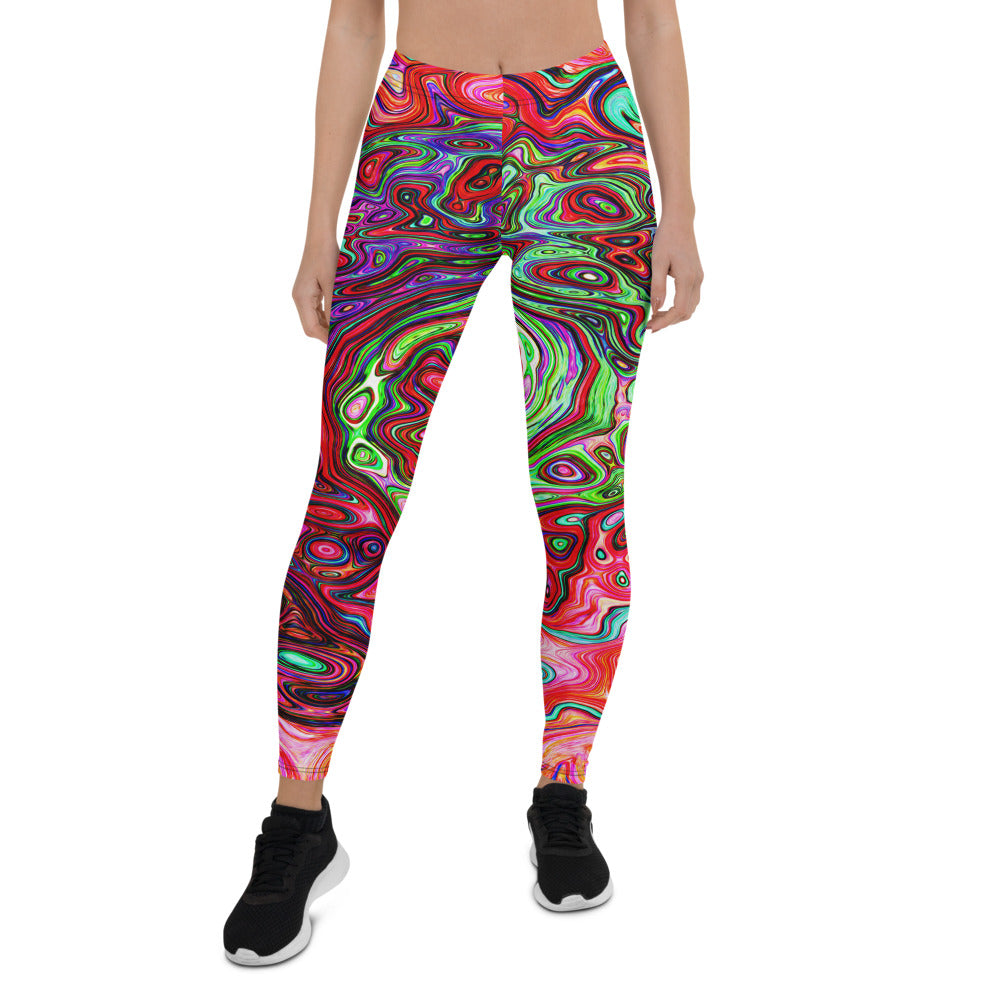 Leggings for Women, Watercolor Red Groovy Abstract Retro Liquid Swirl