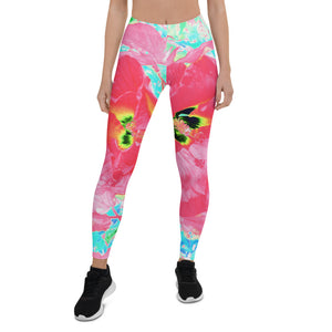 Leggings for Women, Two Rosy Red Coral Plum Crazy Hibiscus on Aqua