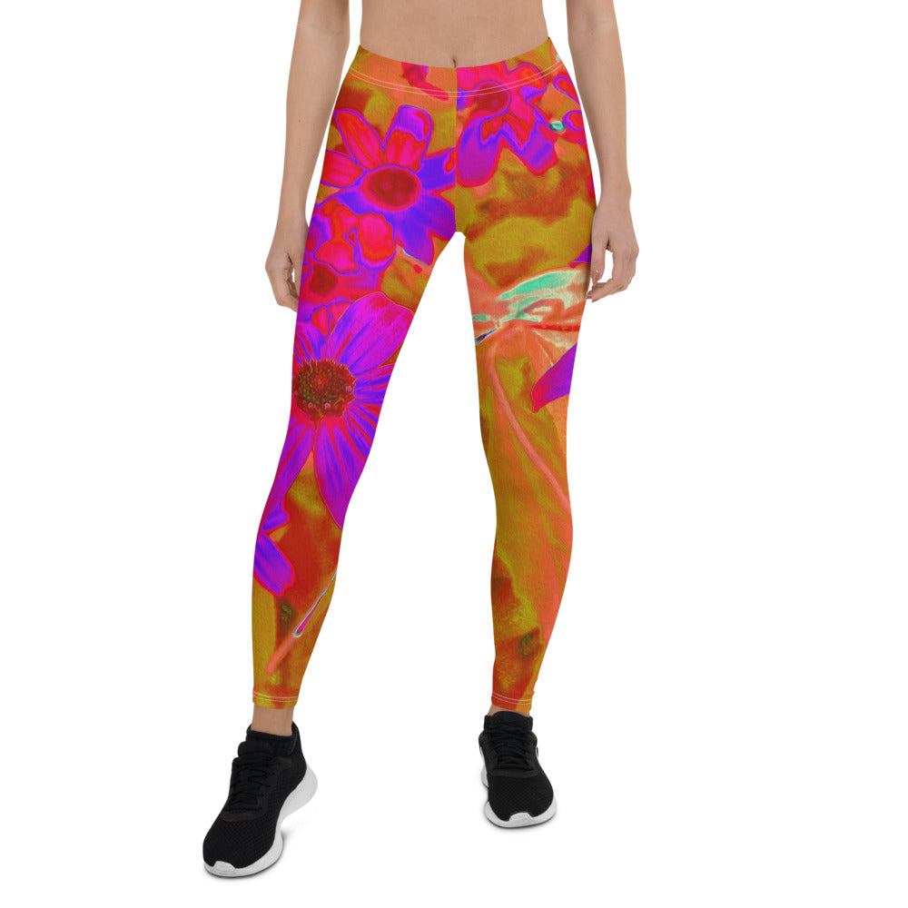 Leggings for Women, Colorful Ultra-Violet, Magenta and Red Wildflowers
