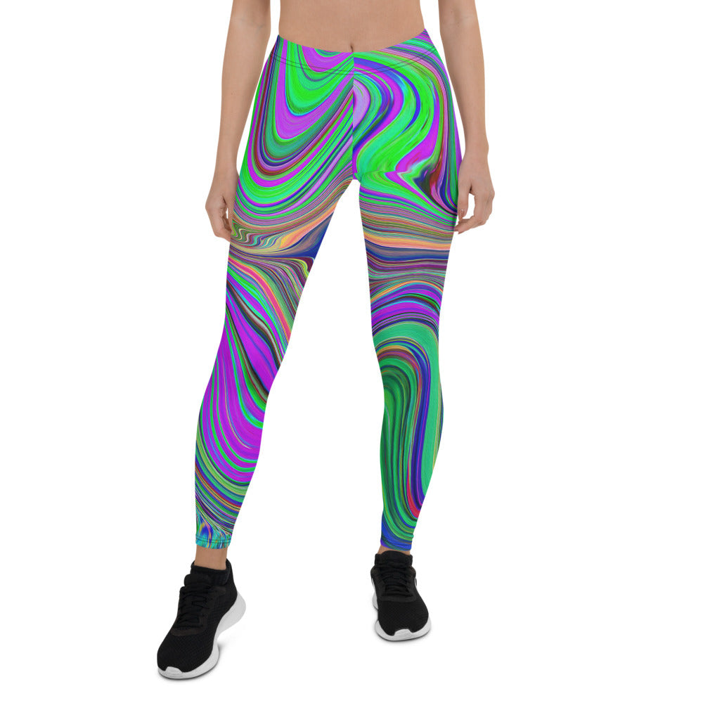 Leggings for Women, Trippy Lime Green and Purple Waves of Color