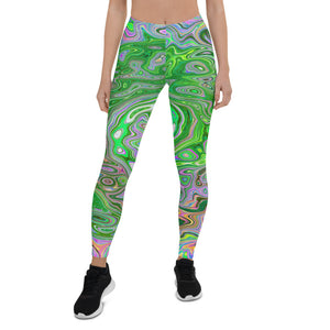 Leggings for Women, Trippy Lime Green and Pink Abstract Retro Swirl