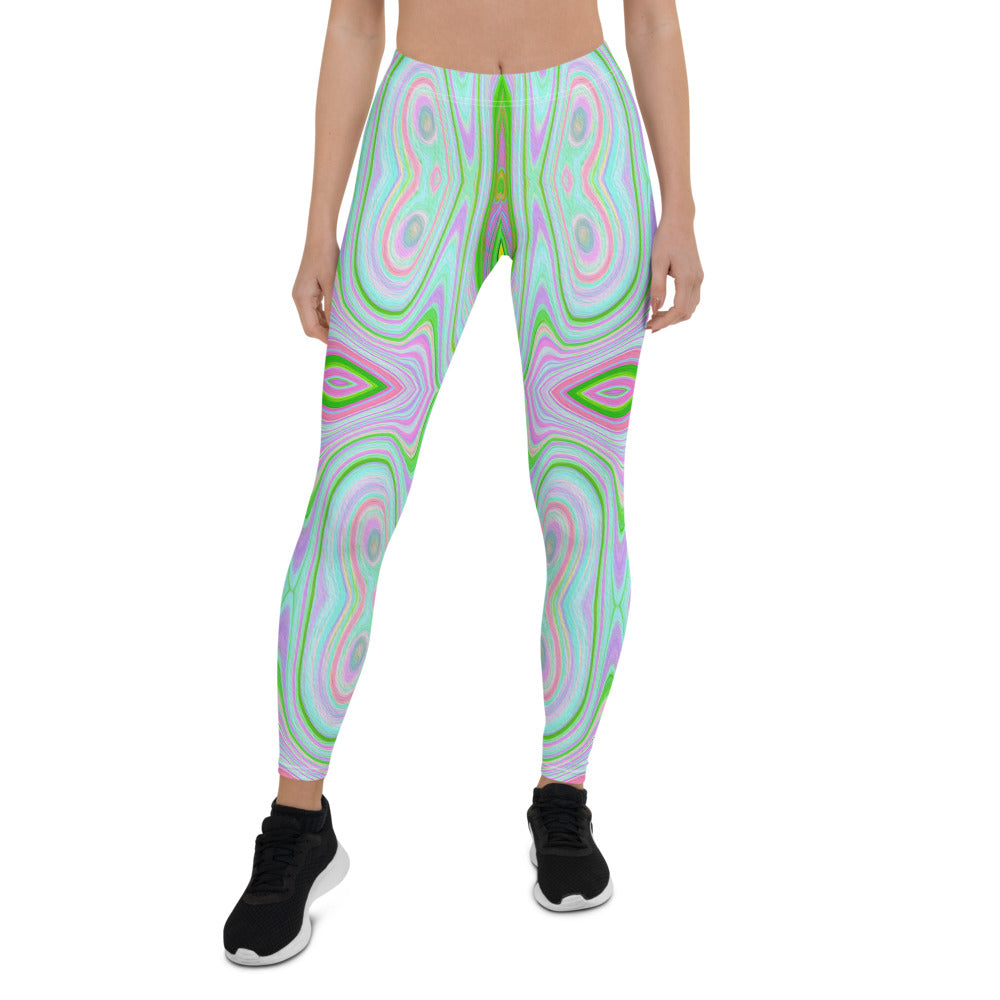 Leggings for Women, Retro Abstract Pink, Lime Green and Aqua Pattern