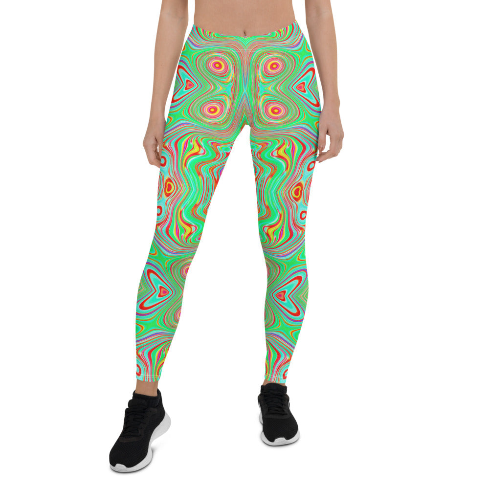 Leggings for Women, Trippy Retro Orange and Lime Green Abstract Pattern