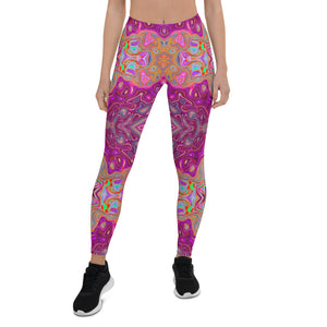 Leggings for Women, Abstract Magenta, Pink, Blue and Red Groovy Pattern