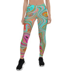 Leggings for Women, Trippy Retro Orange and Aqua Groovy Abstract Art