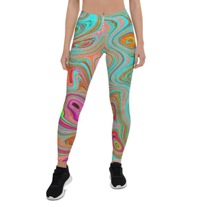 Leggings for Women, Trippy Retro Orange and Aqua Groovy Abstract Art