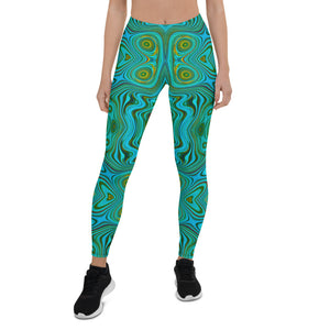 Leggings for Women, Trippy Retro Turquoise Chartreuse Abstract Pattern