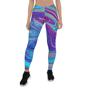 Leggings for Women, Blue, Pink and Purple Groovy Abstract Retro Art