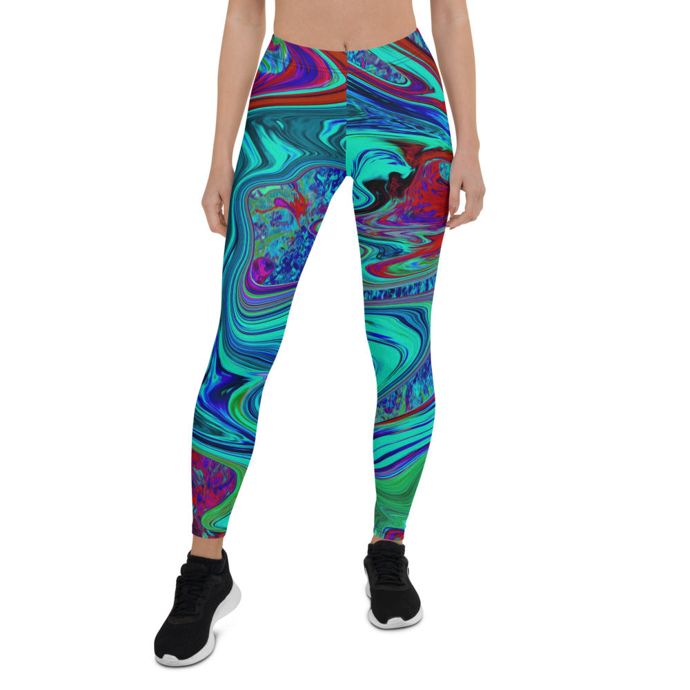 Leggings for Women, Groovy Abstract Retro Art in Blue and Red