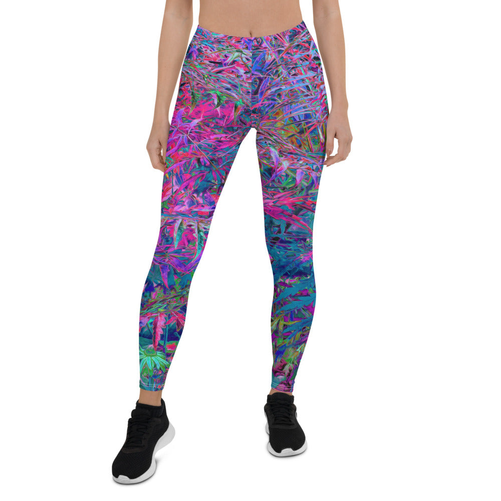 Leggings for Women, Abstract Psychedelic Rainbow Colors Foliage Garden