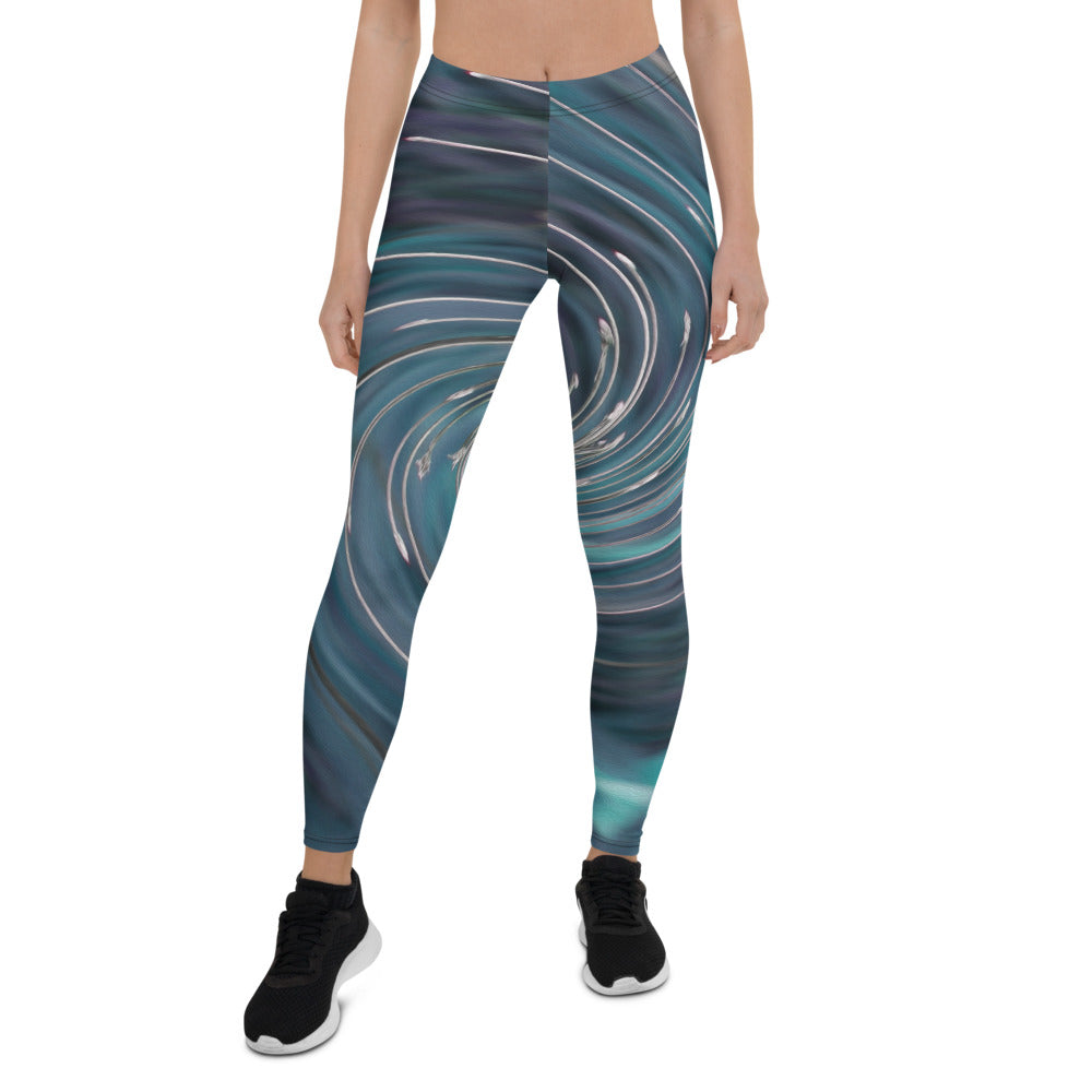 Leggings for Women, Cool Abstract Retro Black and Teal Cosmic Swirl