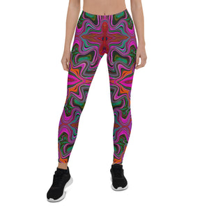 Leggings for Women, Cool Trippy Magenta, Red and Green Wavy Pattern