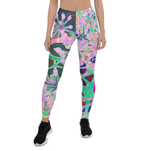 Leggings for Women, Cool Abstract Retro Nature in Pink and Lime Green