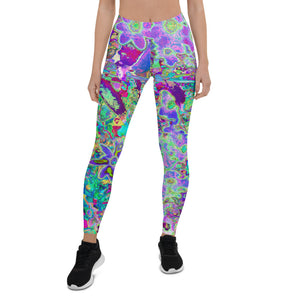 Leggings for Women, Trippy Abstract Pink and Purple Flowers