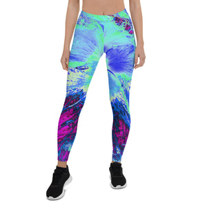 Leggings for Women, Psychedelic Retro Green and Blue Hibiscus Flower