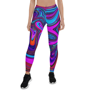 Leggings for Women, Marbled Magenta, Blue and Red Abstract Art