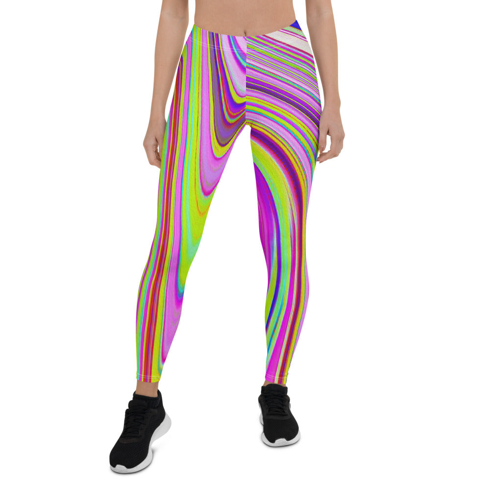 Leggings for Women, Trippy Yellow and Pink Abstract Groovy Retro Art