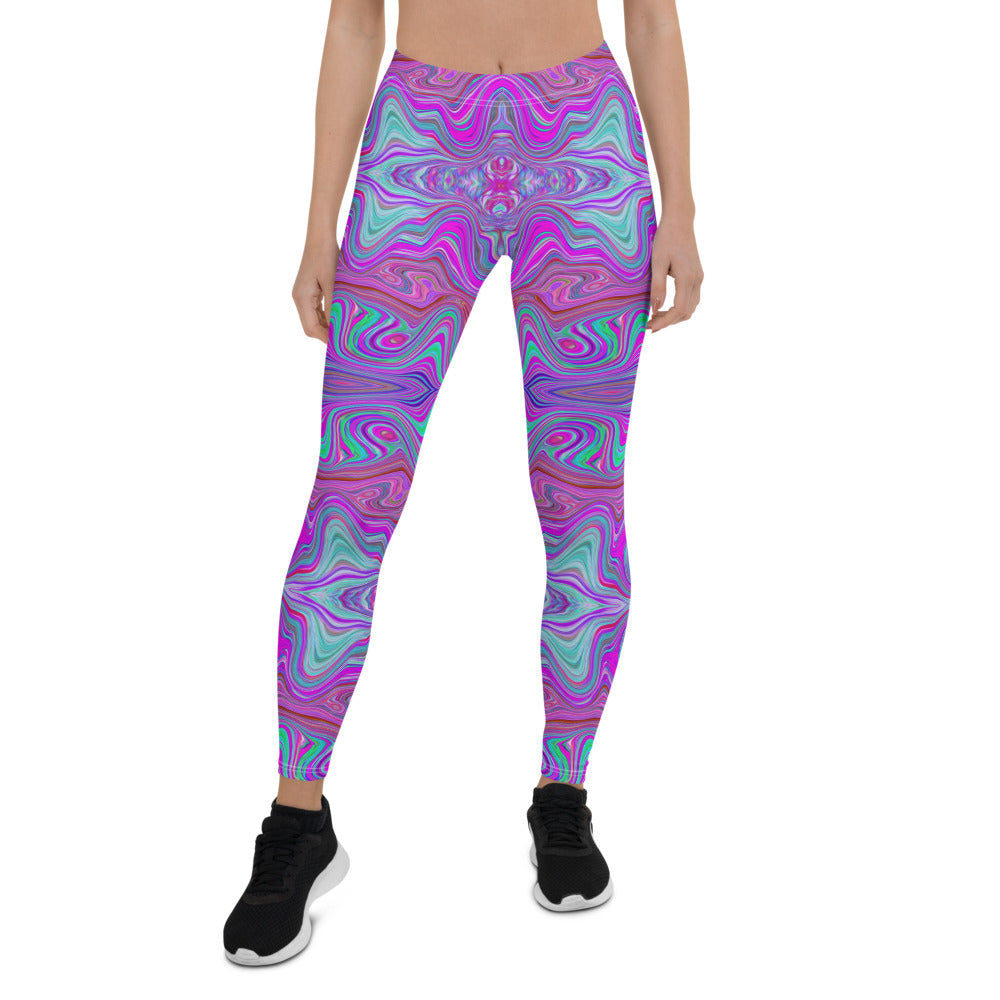 Leggings for Women, Wavy Magenta and Blue Trippy Marbled Pattern