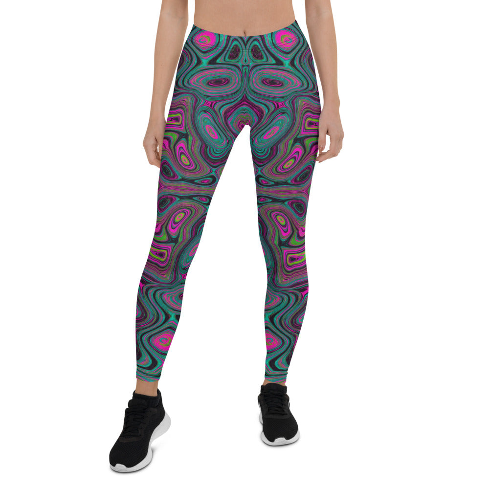 Leggings for Women, Abstract Magenta and Teal Blue Groovy Retro Pattern