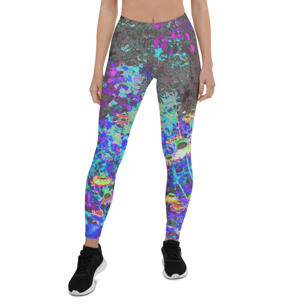 Leggings for Women, Trippy Lime Green and Purple Garden Sunrise