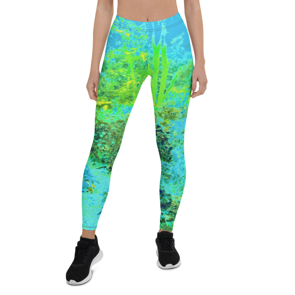 Leggings for Women, Trippy Lime Green and Blue Impressionistic Landscape