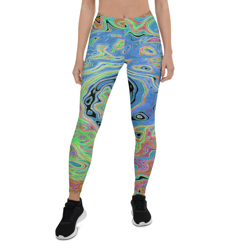 Leggings for Women, Watercolor Blue Groovy Abstract Retro Liquid Swirl