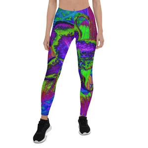 Leggings for Women, Psychedelic Purple and Lime Green Lily Flower