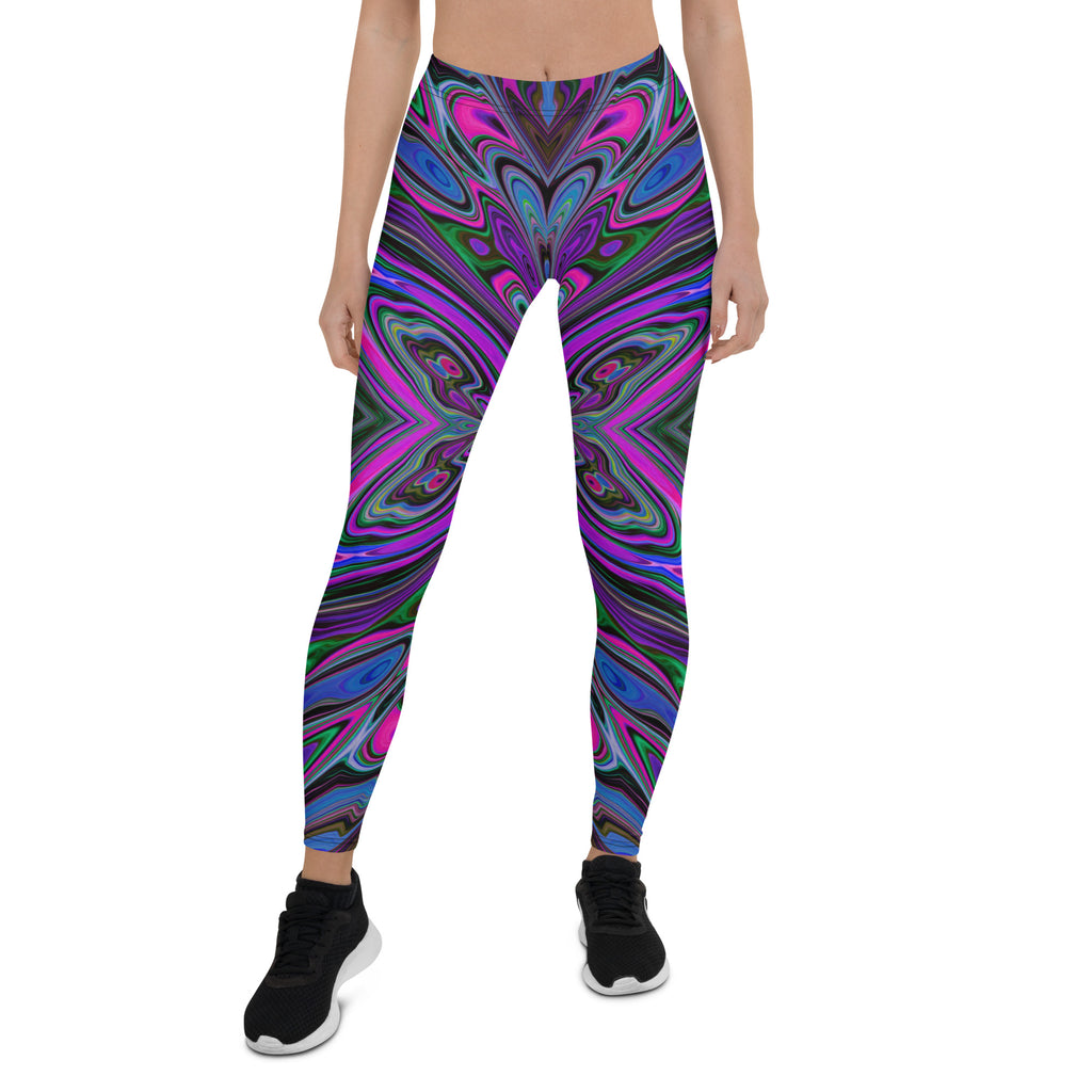 Leggings for Women, Trippy Magenta, Blue and Green Abstract Butterfly