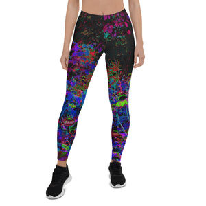 Leggings for Women, Psychedelic Crimson Red and Black Garden Sunrise