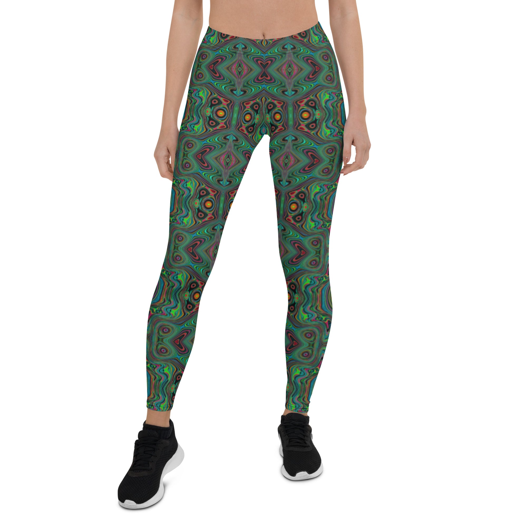 Leggings for Women, Trippy Retro Black and Lime Green Abstract Pattern