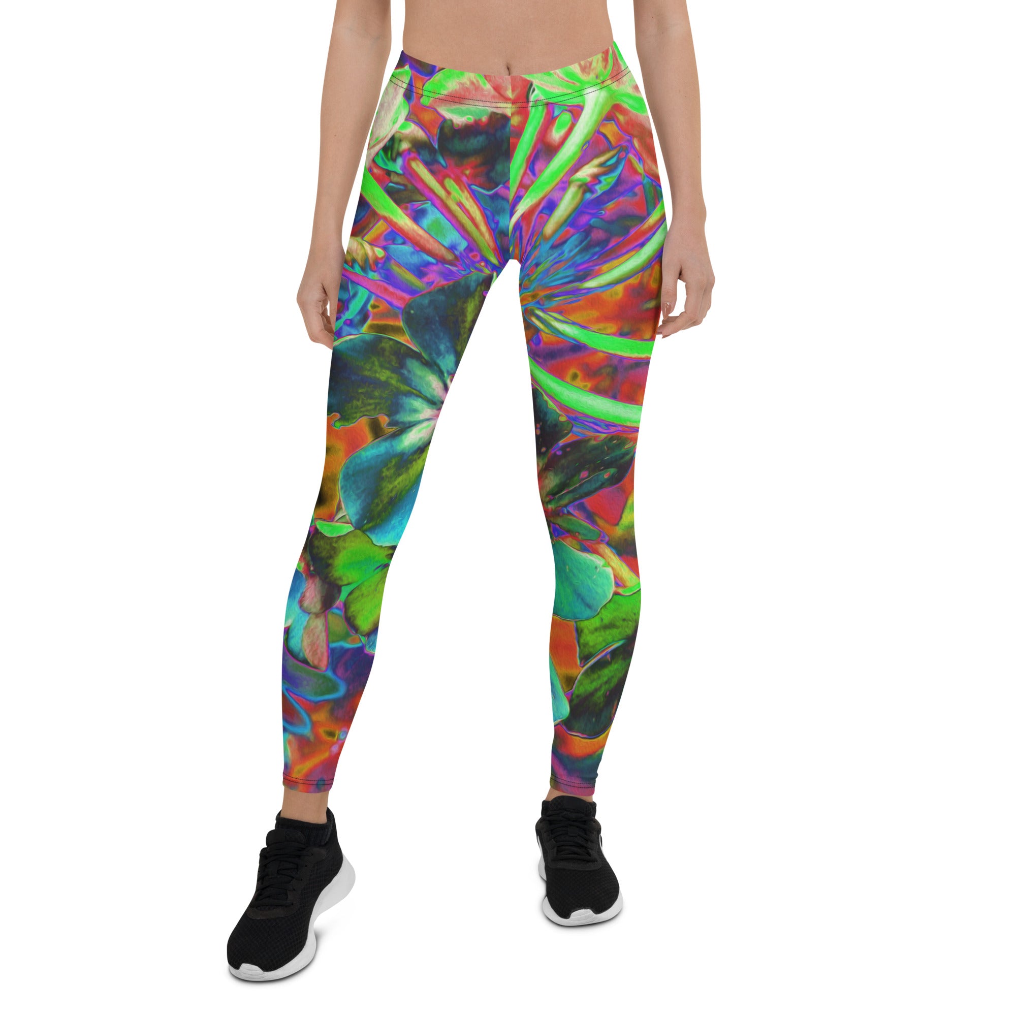 Leggings for Women - Blooming Abstract Blue and Lime Green Flower