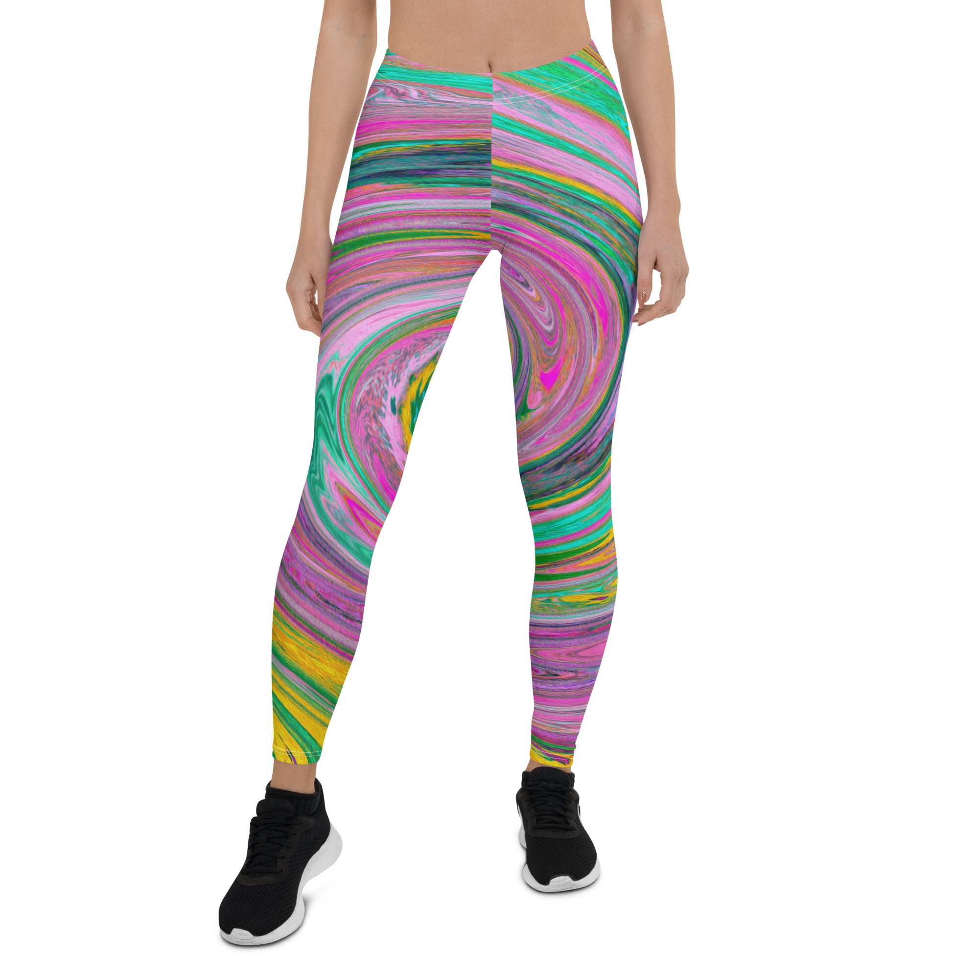 Leggings for Women - Groovy Abstract Retro Pink and Mint Green Swirl