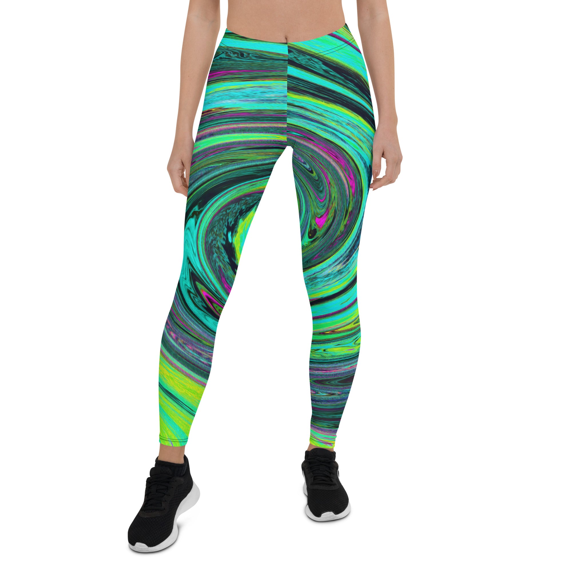 Leggings for Women - Groovy Abstract Retro Green and Magenta Swirl